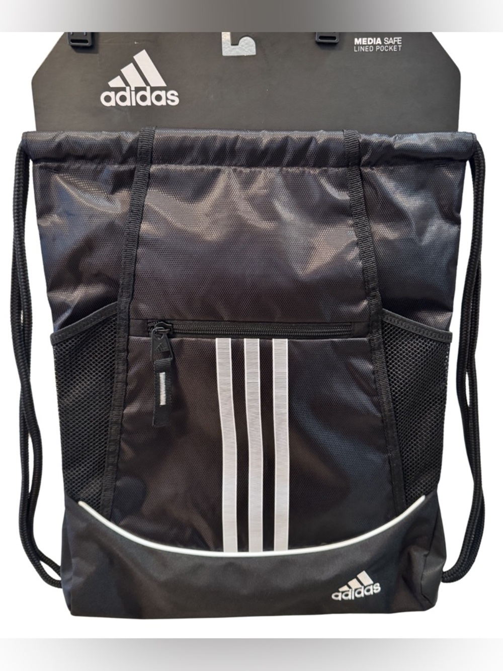Adidas Black Drawstring Backpack Sackpack 3-Stripes Gym Bag NWT